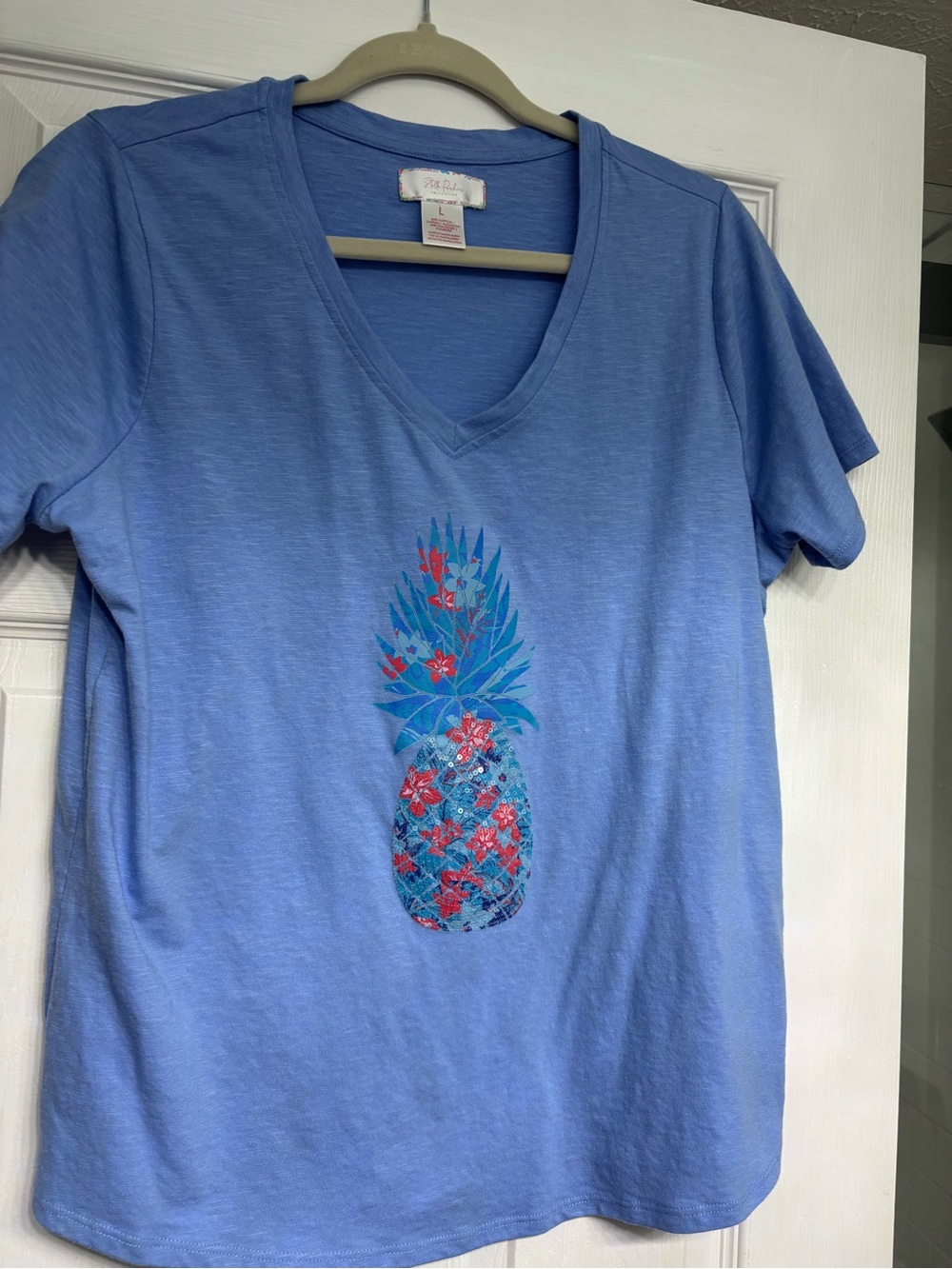 Stella McCartney Light Blue V-Neck Pineapple Graphic Tee